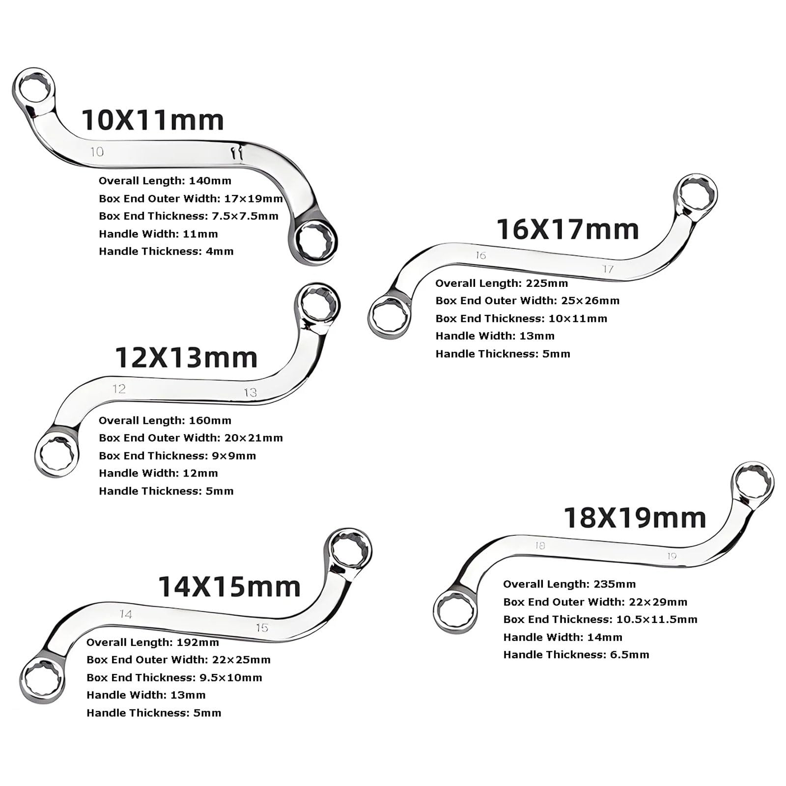 Set di Chiavi a Tubo a S 5 Pezzi, Design Semi-Circolare Irregolare, 10-19mm, Acciaio Cromo Vanadio, Finitura Opaca Antiscivolo