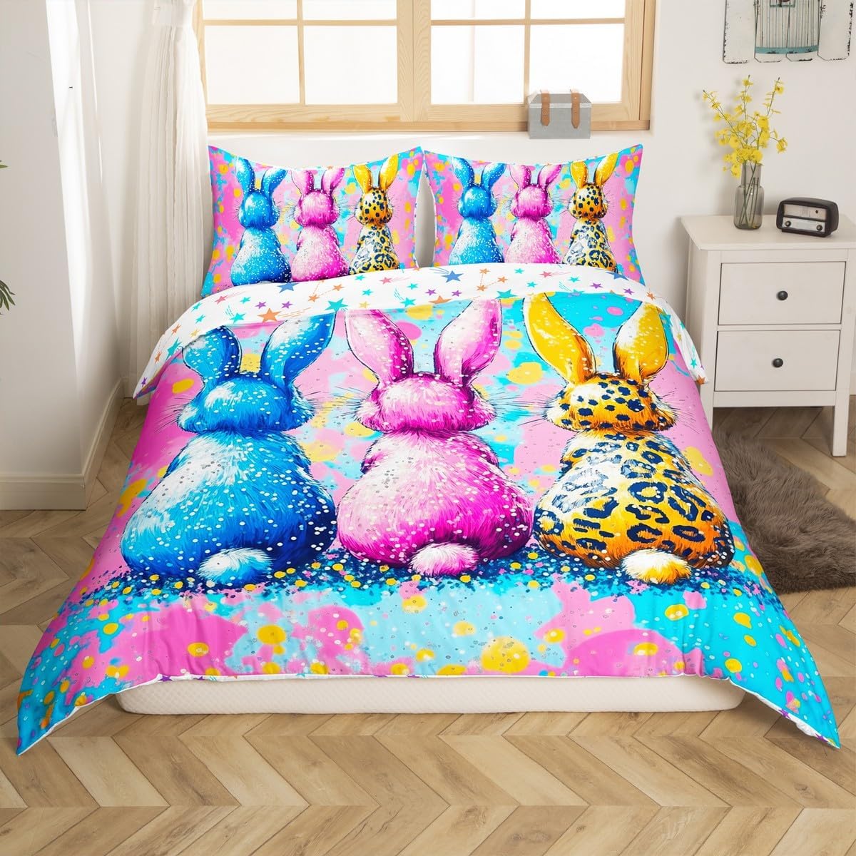 Colorful Rabbit Duvet Cover Set Toddler Size,Leopard Print Bedding Set 2Pcs,Watercolor Glitter Graffiti Art Comforter Cover for Kids Girls Boys Teens Room Decor,Cute Animal Quilt Cover,1 Pillowcase