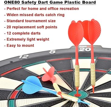 ONE80 Soft Tip Dart Board 18 Safety Plastic Board with 12 Soft Tip Darts and 20 Soft Tips, Mounting Kit Included