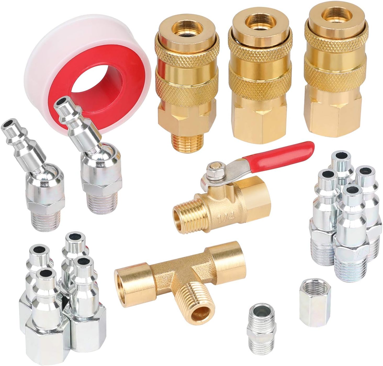 Hromee 18 Pieces Air Coupler and Plug Kit, 1/4-Inch NPT Air Hose Fittings with Universal Quick Coupler, Brass Ball Valve, Swivel Air Plug and Tee Pipe Fitting - Air Compressor Accessories Kit