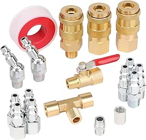 Hromee 18 Pieces Air Coupler and Plug Kit, 1/4-Inch NPT Air Hose Fittings with Universal Quick Coupler, Brass Ball Valve, Swivel Air Plug and Tee Pipe Fitting - Air Compressor Accessories Kit