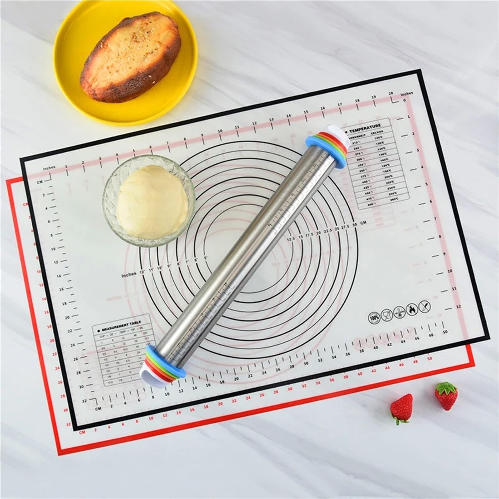 Tapete De Silicona Para Hornear Rodillo de acero inoxidable 43 cm (17 pulgadas) ajustable, tapete silicona for hornear, ideal for masa galletas, pasteles, pizza y tartas(Red Set)