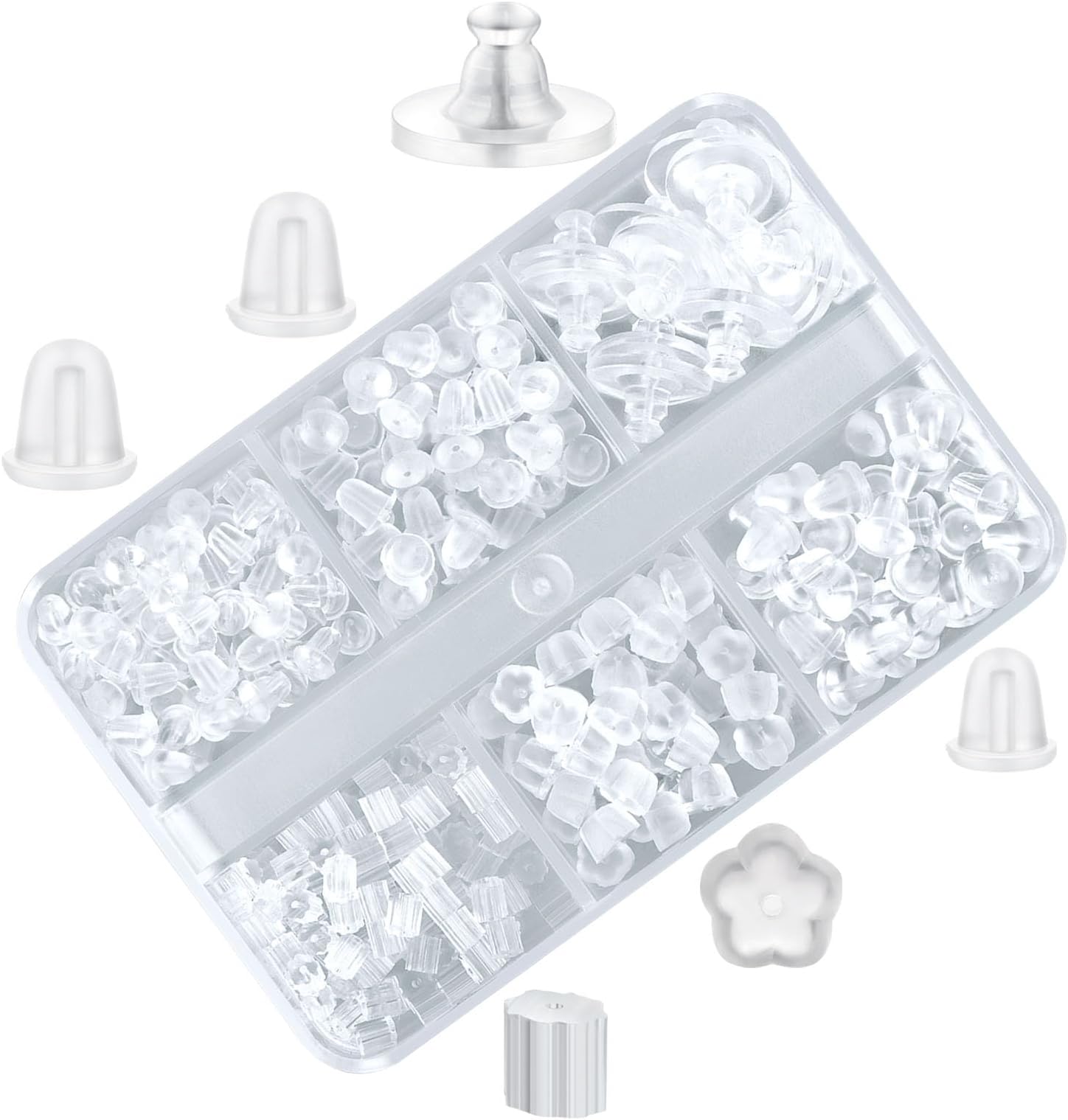 6 Styles Silicone Earring Backs for Studs/Droopy Ears/Heavy Earring, 600 Pcs Clear Soft Hypoallergenic Plastic Rubber Backs Replacements Backings Clutch Stoppers Kits