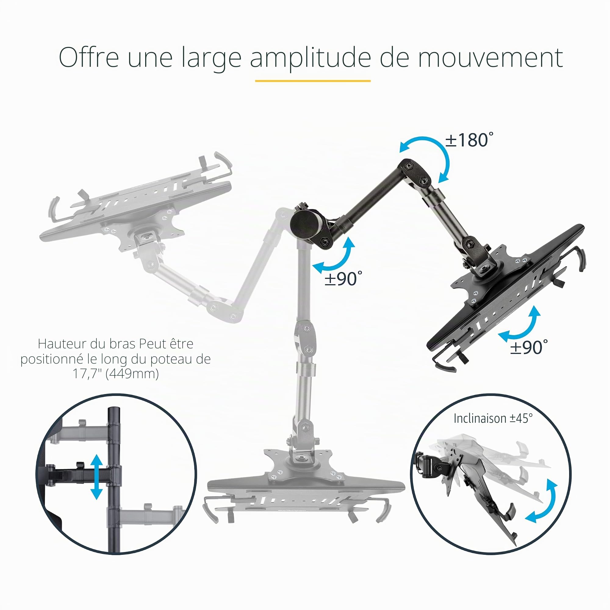 StarTech Bras Écran 32", 4,5kg, Plateau PC Portable (A2-LAPTOP-DESK-MOUNT) | Plateau ventile pour ordinateur portable, VESA, Reglable, Inclinaison pivotement rotation, Pince oeillet