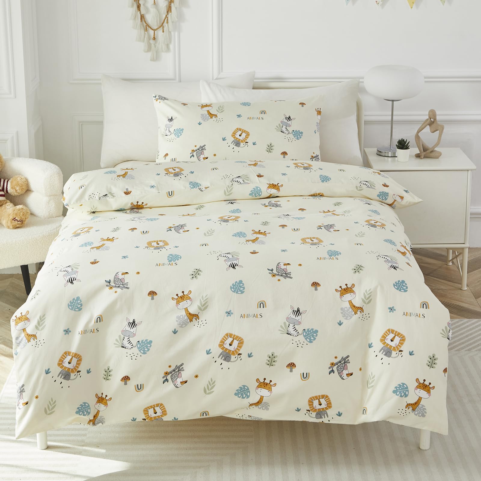 HMtideby Toddler Kids Bedding Set for Girls and Boys Safari Animal Cot Bed Duvet Cover with Pillowcase, 2 pcs, 120 x 150 cm