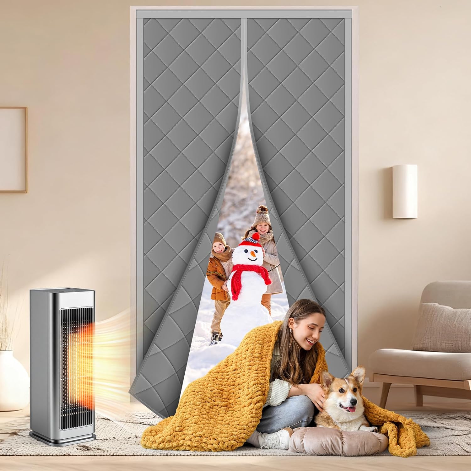 Thermal Door Curtain, Magnetic Insulated Draft Stopper, Windproof Doorway Curtain Cover 32’’x80’’ Fits Door Size 30’’x78’’, Temporary Insulation Cover for Summer Winter Doorways Gray Gray Fit Door Size 30*78 & Curtain Size:32*80