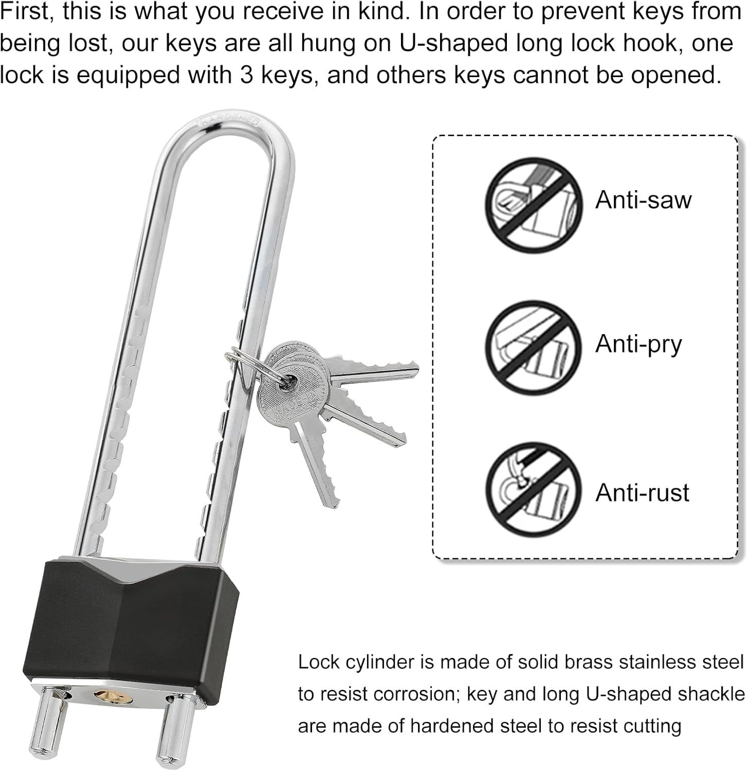 2 Pcs Long Shackle Padlock with Key Solid Brass Removable Adjustable Length Shackle for Gates, Cabinets, Motorcycle, Bike Lock (Black,2.44 Inch Wide)