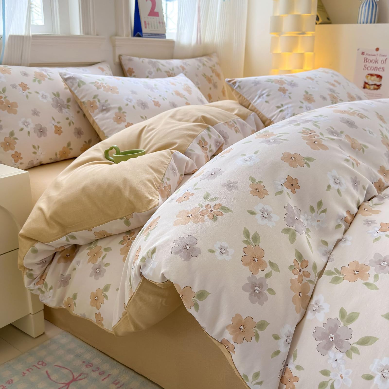 Housse de couette fleurie coton lavable drap taies d'oreiller ensemble literie