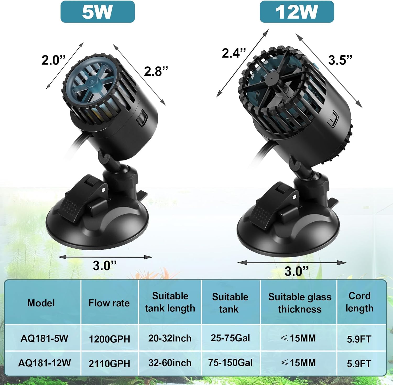 AQQA Wave Maker for Aquarium 75-150 Gallon 2110 GPH Water Circulatio Pump Powerhead Fish Tank Wavemaker with Suction Cup 360°Rotatable Quiet Operation for Freshwater(12W)