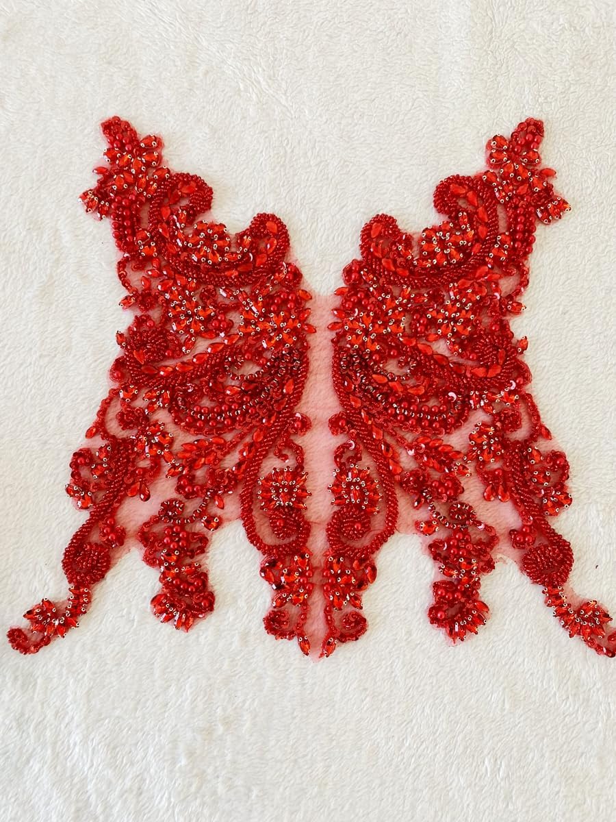 Handmade red Rhinestones Bodice lace Applique Hand Sewing Beaded Sequins Trim Patches for Dress Clothes Skirts Multiple Design Styles Accessories (G)