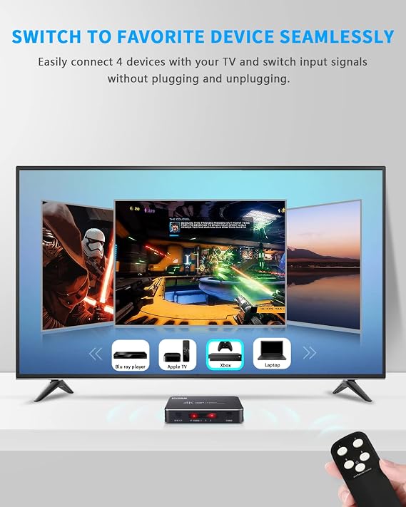 4K HDR HDMI Switch, Koopman 4 Ports 4K 60Hz HDMI 2.0 Switcher Selector with IR Wireless Remote, Supports UltraHD Dolby Vision, High Speed(Max to 18.5Gbps), HDR10, HDCP 2.2 & 3D