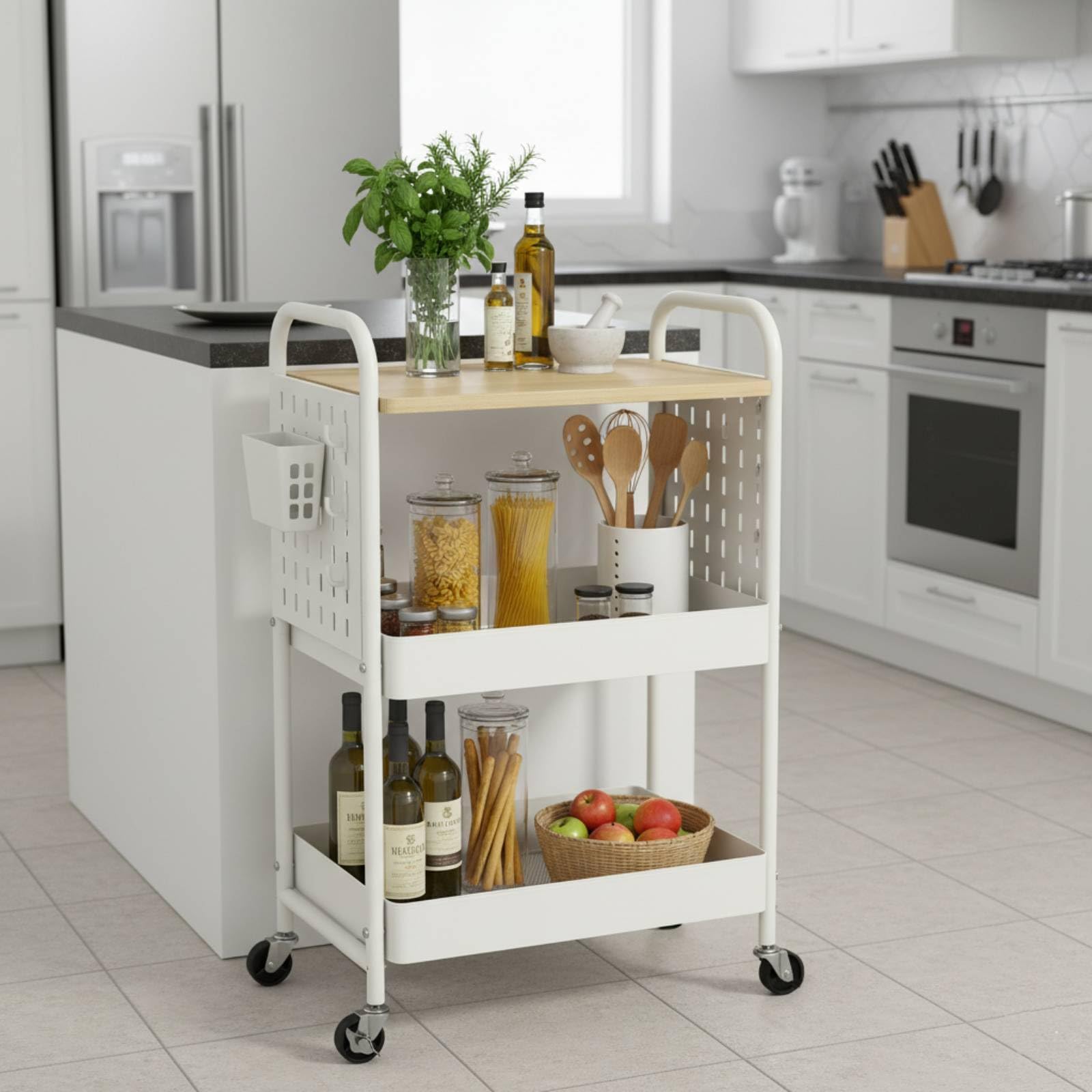 danpinera Carrello a 3 ripiani, in metallo, con piano in legno e pannello forato fai da te, carrello portaoggetti con ganci e tazze da appendere, per cucina, bagno, ufficio