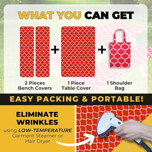 Miniatura 7 de RNOONY - Funda ajustable para mesa de pícnic con fundas para bancos y bolsa, impermeable, a prueba de viento, de exterior, 6 pies, bordes elásticos,