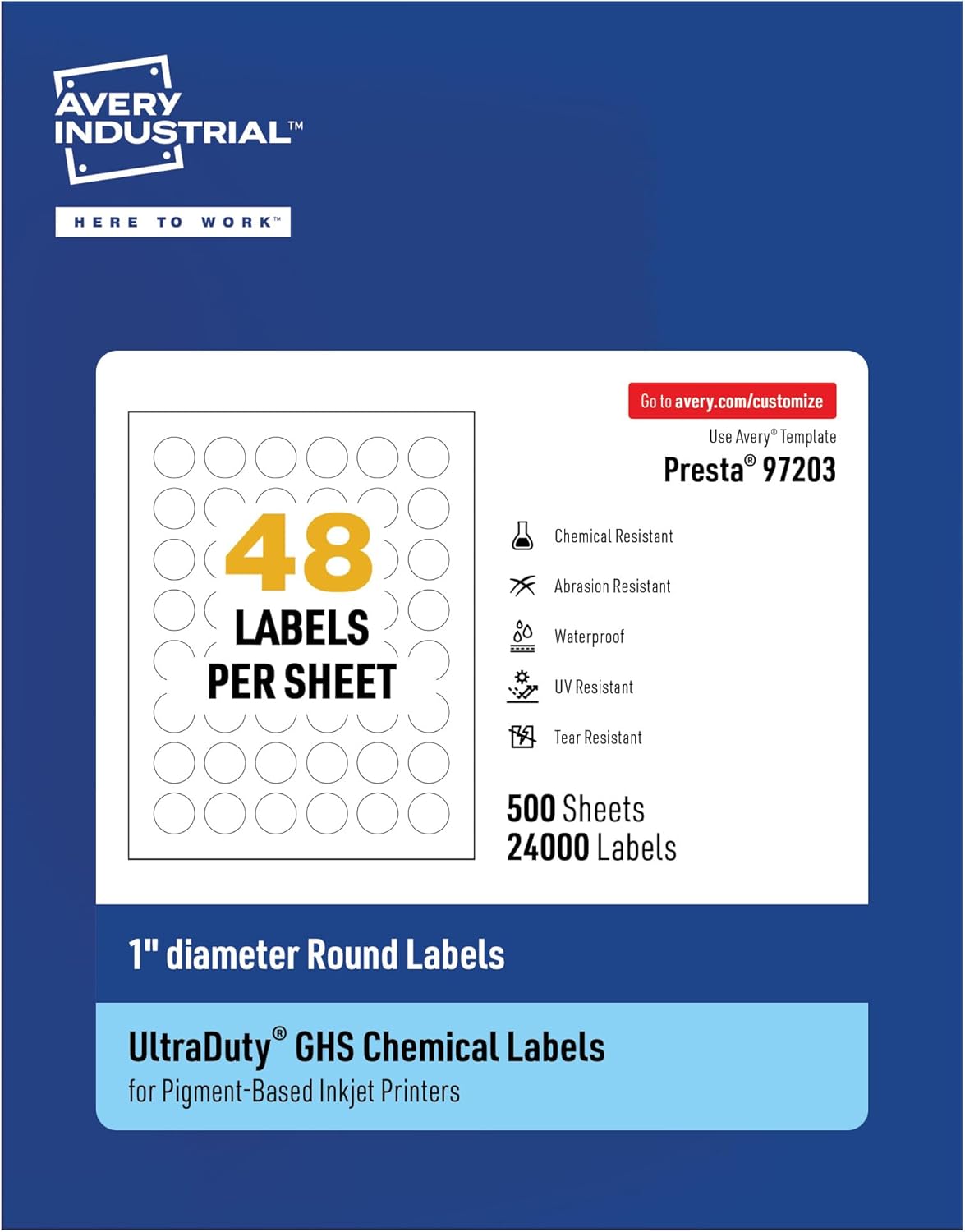 Avery UltraDuty GHS Labels, Waterproof, 2" White Round Labels, 300 Total, Use with Pigment Inkjet Printers