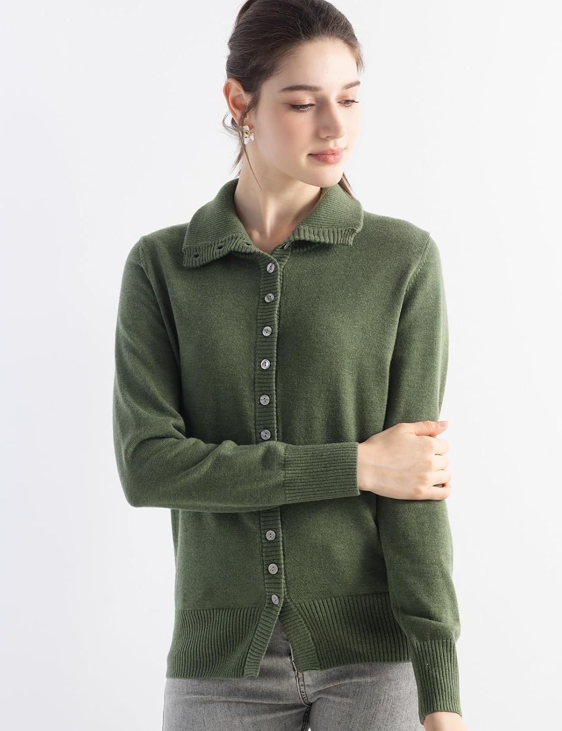 Women's Merino Wool Blend Cardigan 2025 Fall Winter Casual Mock Neck Long Sleeve Knit Cardigan with Buttons - Image 5