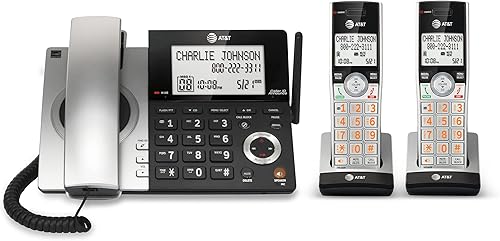 AT&T CL84207 DECT 6.0 Teléfono con cable de 2 teléfonos para el hogar con largo alcance, contestador, bloqueo de llamadas, locutor de identificación