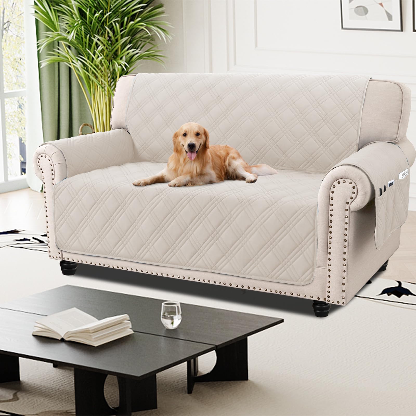 H.Versailtex Sofa Cover 100% Waterproof Sofa Covers 2 Seater Couch Covers Sofa Slipcovers with Elastic Straps Triple Non-Slip Sofa Cover Furniture Protector for Kids Frenchoak