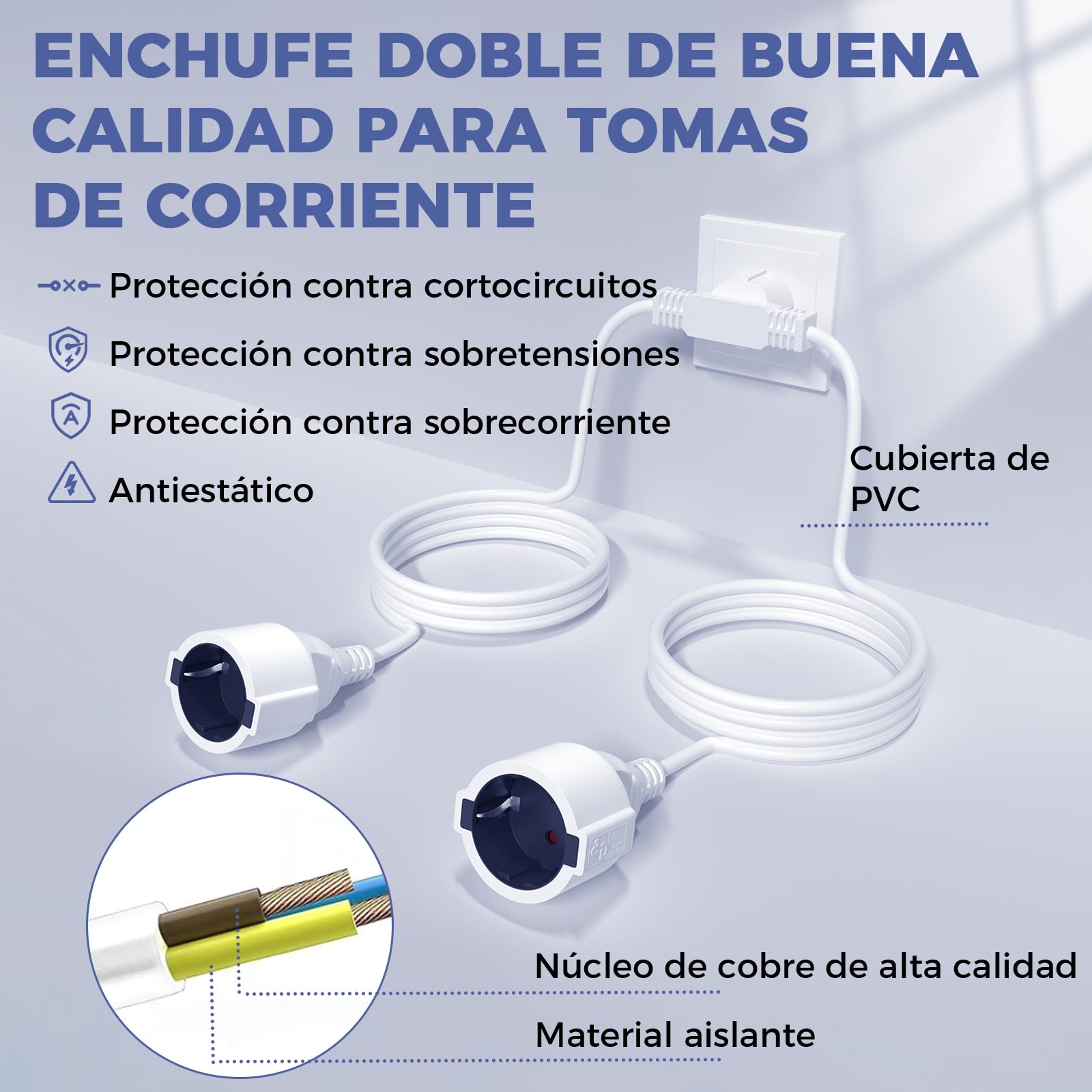 Alargador Enchufe Doble 2M+2M, 2 en 1 Cable Alargador de Corriente Exterior, 250V / 16A / Máx 4000W Alargadera Enchufe con Protección de Contacto para Oficina, Hogar, Viaje alargadera, IP20