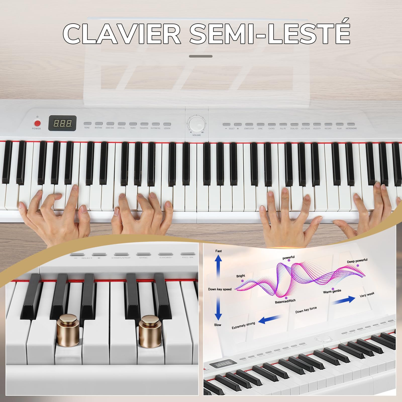 LEADZM Pianoforte digitale a 88 tasti, tastiera elettronica a grandezza naturale, tastiera elettronica con stereo, Bluetooth MIDI, leggio per spartiti, pedale sustain, cuffie, custodia per pianoforte