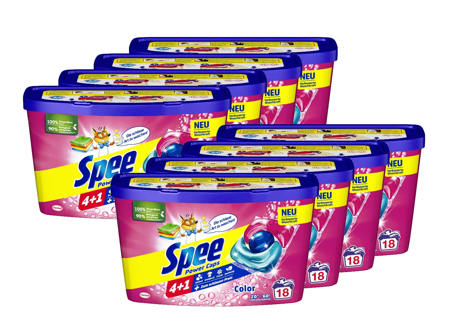 Spee Power Caps Color 4 + 1, 144 WL (8 x 18 Waschladungen), Colorwaschmittel für Buntwäsche & Dunkles, vordosiertes Waschmittel vereint Reinheit, Strahlkraft, Frische & Nachhaltigkeit