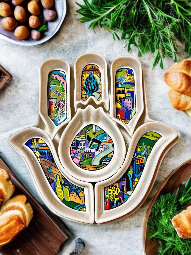 Ceramic Hamsa Serving Platter – 7-Piece Divided Tray for Holidays & Parties, Colorful Artistic Snack and Dip Dishes, Decorative Jerusalem-Inspired Judaica Décor