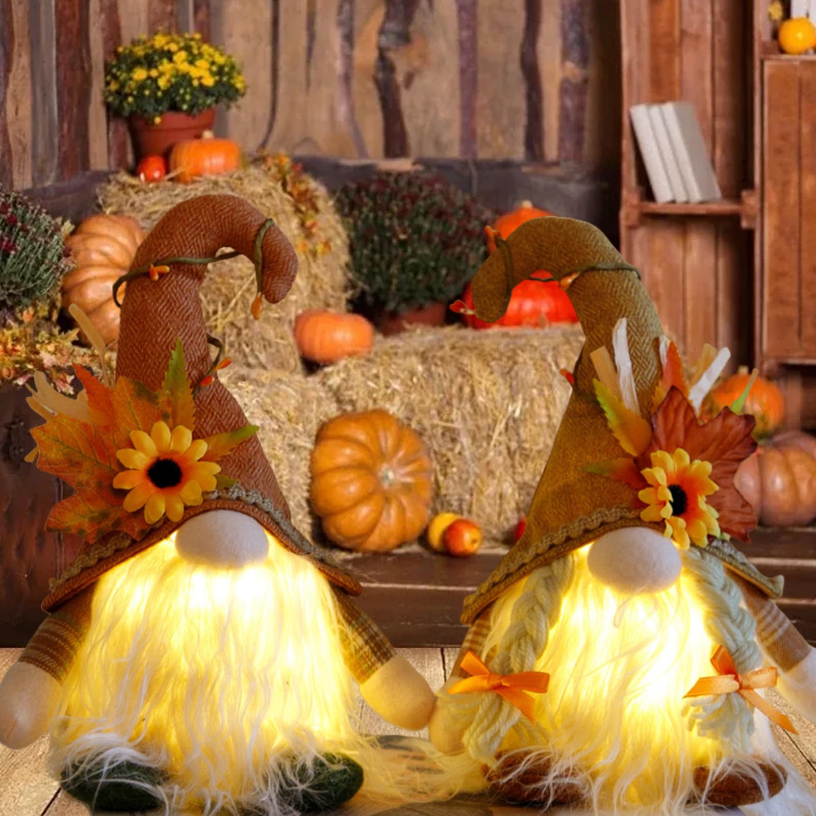 Lutins D'automne Avec LED - 2 Gnomes En Peluche - Décoration Halloween Thanksgiving Noël