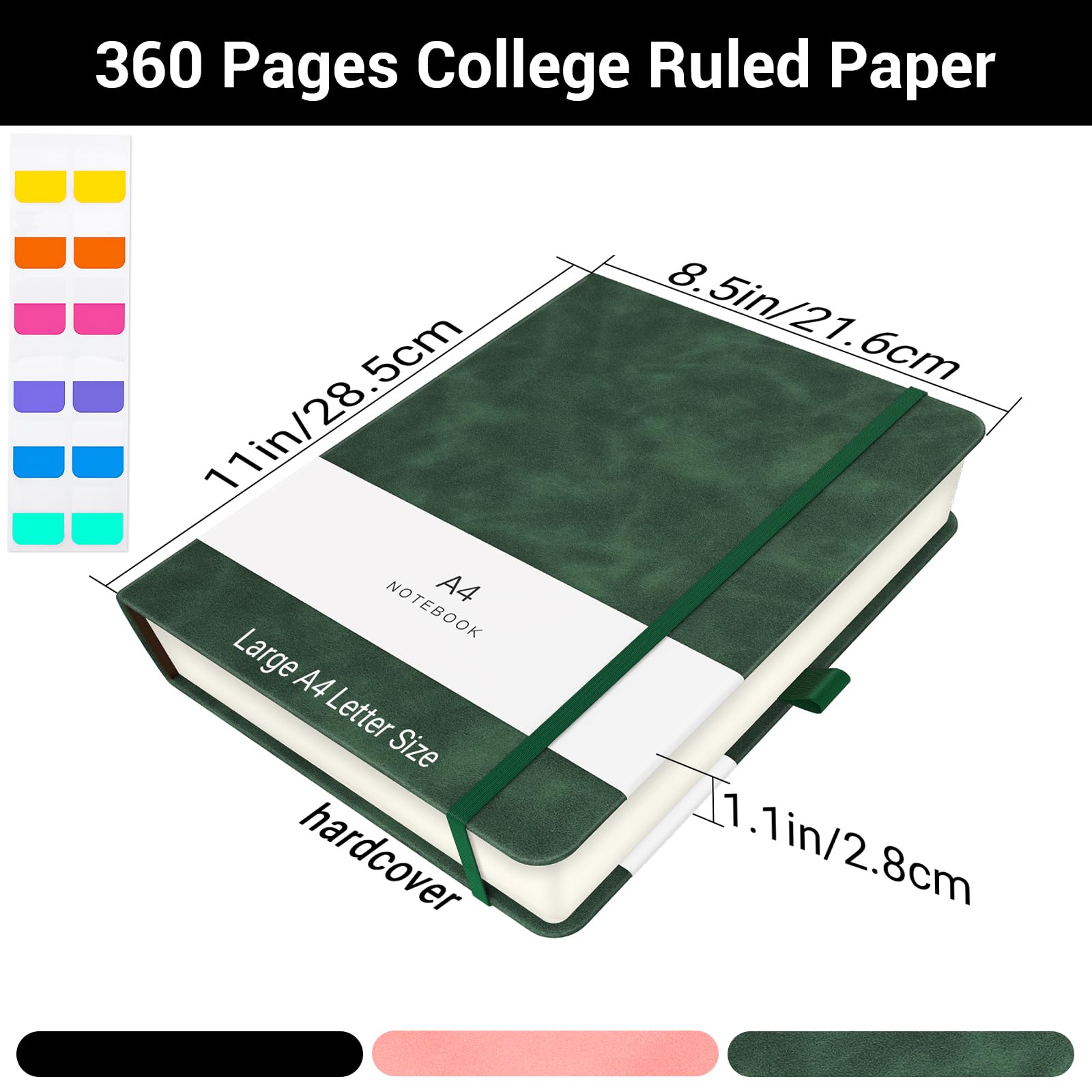 Carnet de Notes A4 Lignées - 360 Pages Journal Cuir Vegan 21.6x28.5cm - Ligné Papier Épais 100g/m², Couverture Rigide, Élastique et Poche Intérieure