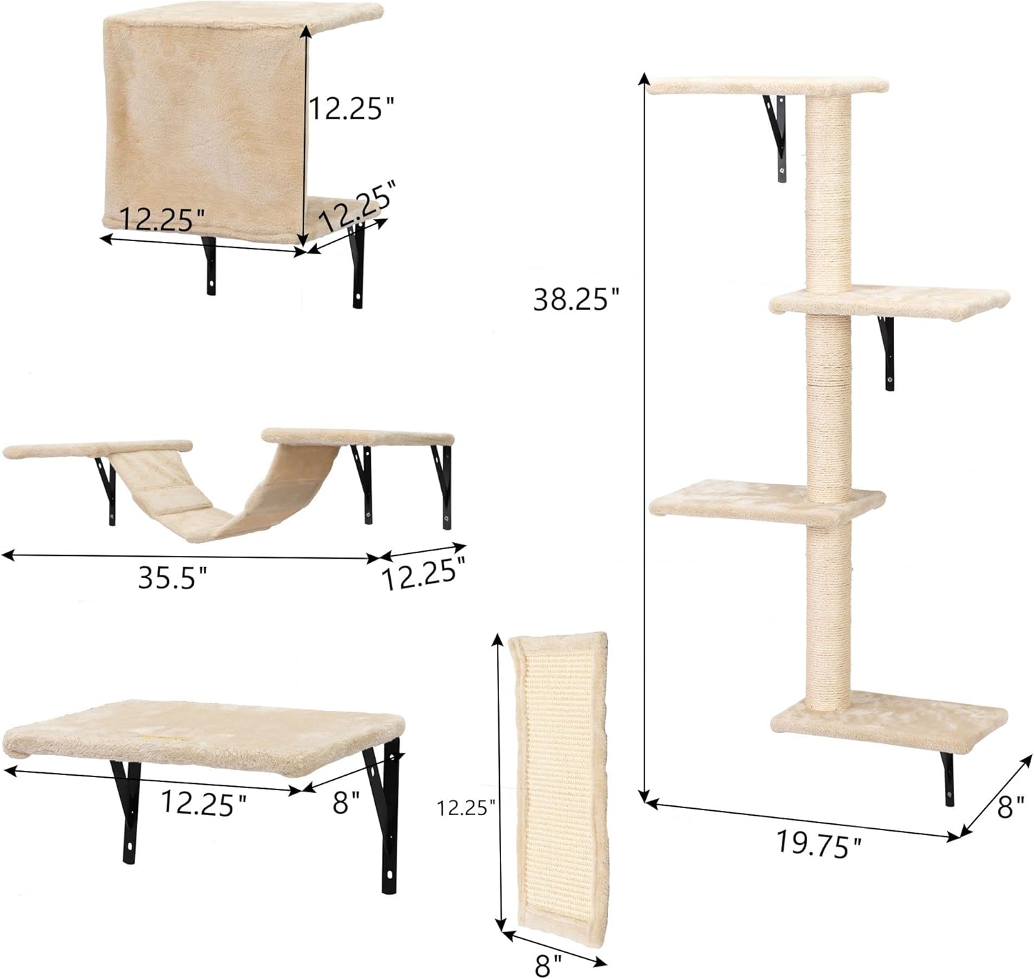 Cat Tree Wall Mounted Furniture DIY Set Climbing Shelves for Kitty Play & Relaxing - Includs Scratching Board, Connect Bridge, House and Scratching Posts, Beige Plush