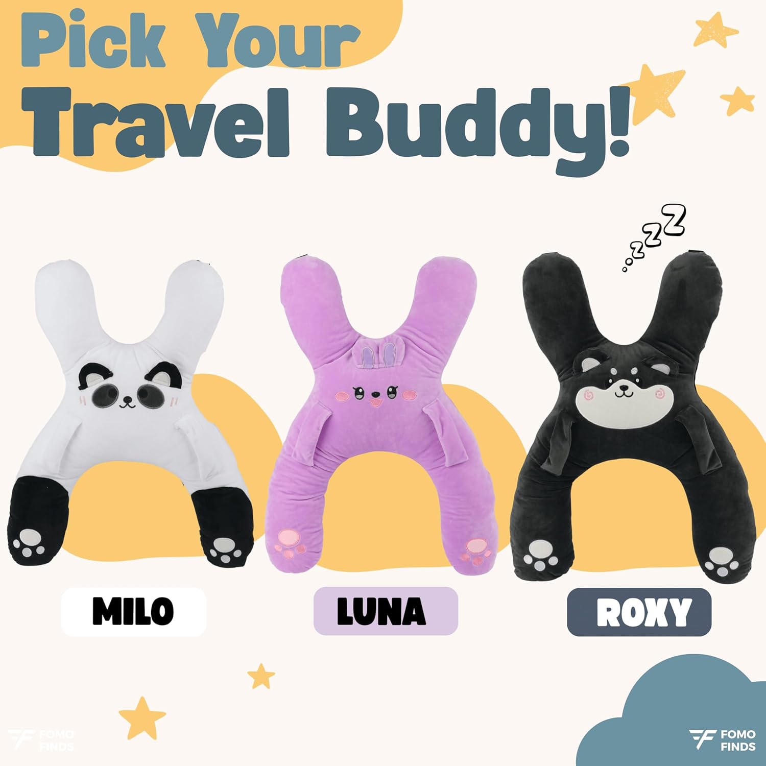 Kids Car Sleeping Pillow - X-Shaped Plush Animal for Neck & Back Support - Hands & Seat Belt Slot - Machine Washable & Compressible - Perfect for Car, Plane, Train, Boat & More - White - Image 7