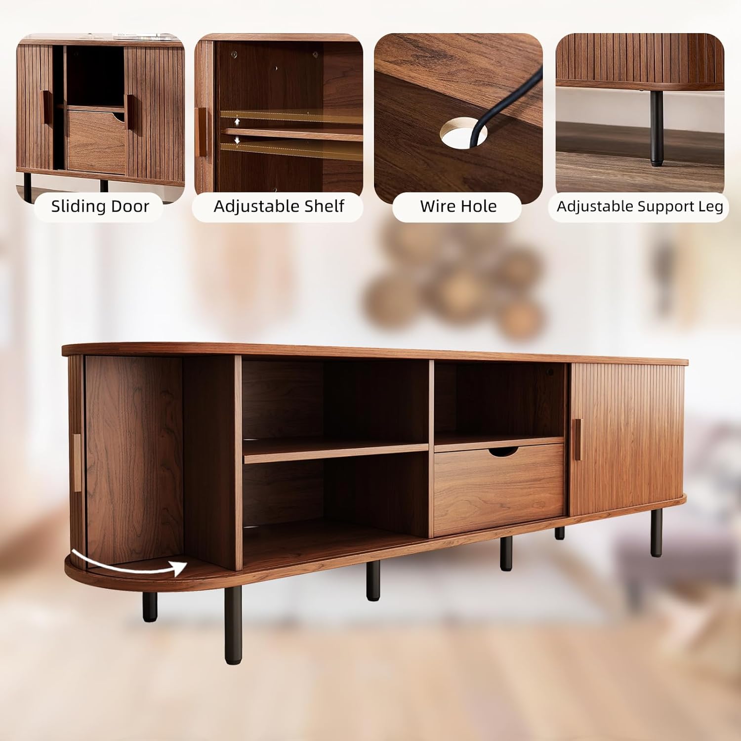 69" Mid-Century TV Stand with Power Outlet, Fluted Entertainment Center with Storage Drawer, TV Console with Sliding Door and Adjustable Shelves, TV Stand up to 80" for Living Room, Bedroom, Walnut - Image 7