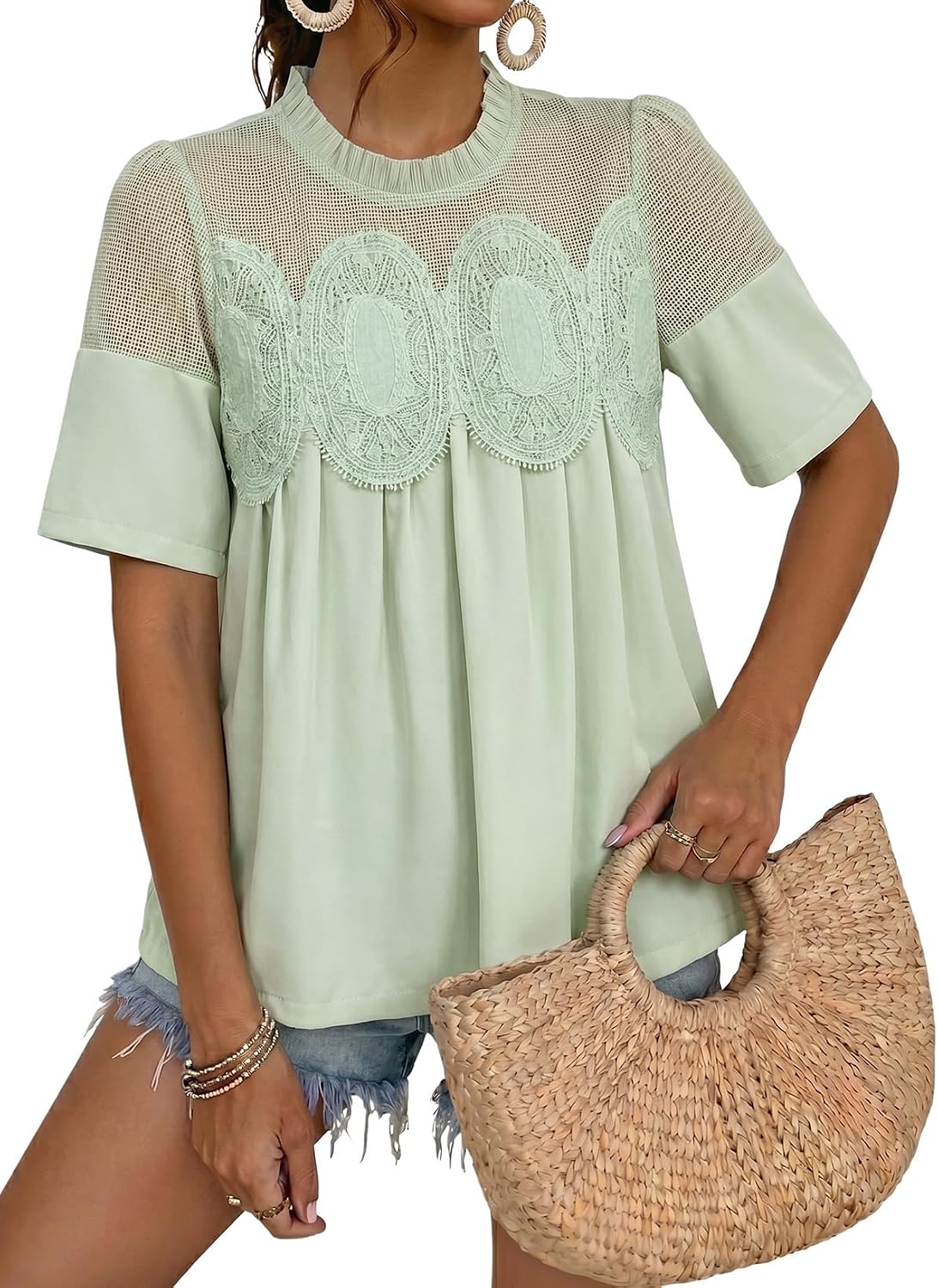  Women's Lace Blouse Elegant Flared Swing Tops Crew Neck Short Sleeve Textured Embroidered Mesh Shirts thumbnail