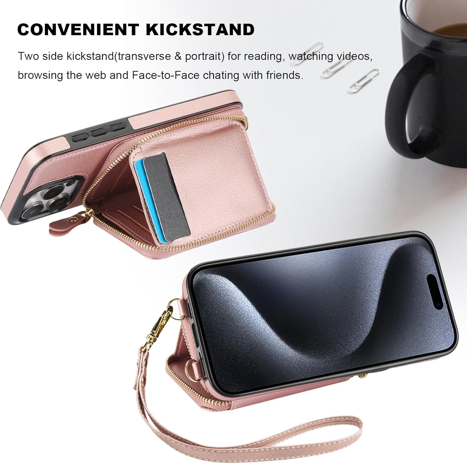 Bocasal RFID Blocking Wallet Case for iPhone 15 Pro Max, Adjustable Crossbody Zipper Purse Case Card Holder with Kickstand Detachable Wrist Strap, PU Leather Flip Folio Case 6.7 Inch 5G (Rose Gold)