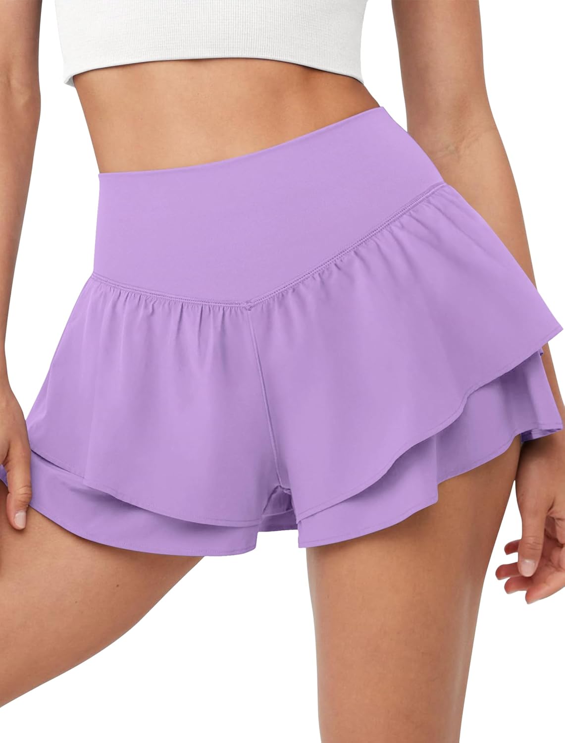 IWD Women's Flowy Running Shorts High Waisted Double Ruffle Butterfly Athletic Shorts 2 in 1 Tennis Shorts with Pockets