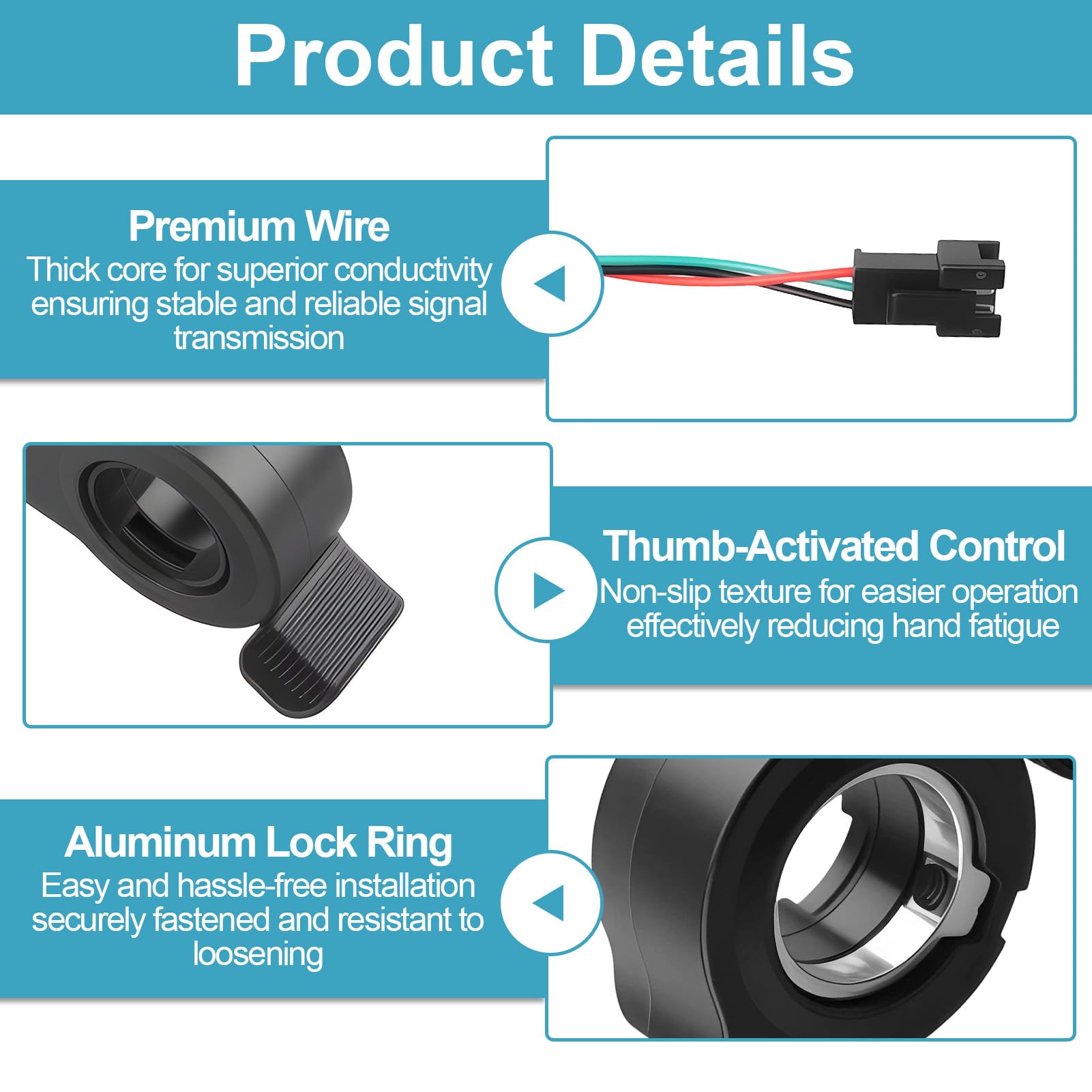 Universal Ebike Throttle for Electric Bike Scooter – Waterproof Thumb Accelerator Speed Control for 22mm Handlebar – 3 Pin Replacement Part for 24V-72V E-Bike Conversion Kit (Black) - 3