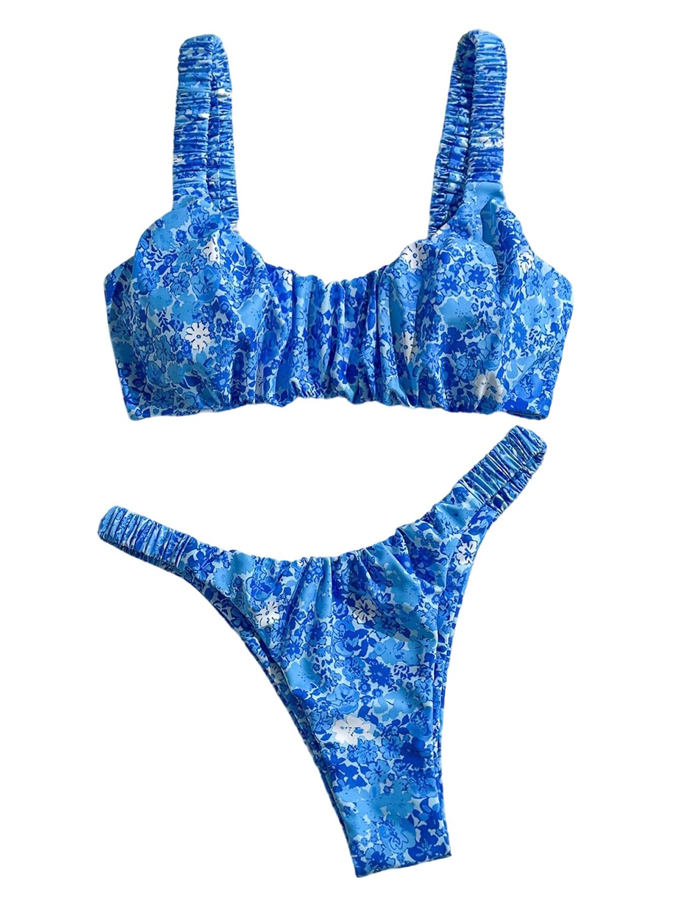 SHENHE Women's Scoop Neck Bikini Set Floral Ruched High Cut Brazilian 2 Piece Swimsuits