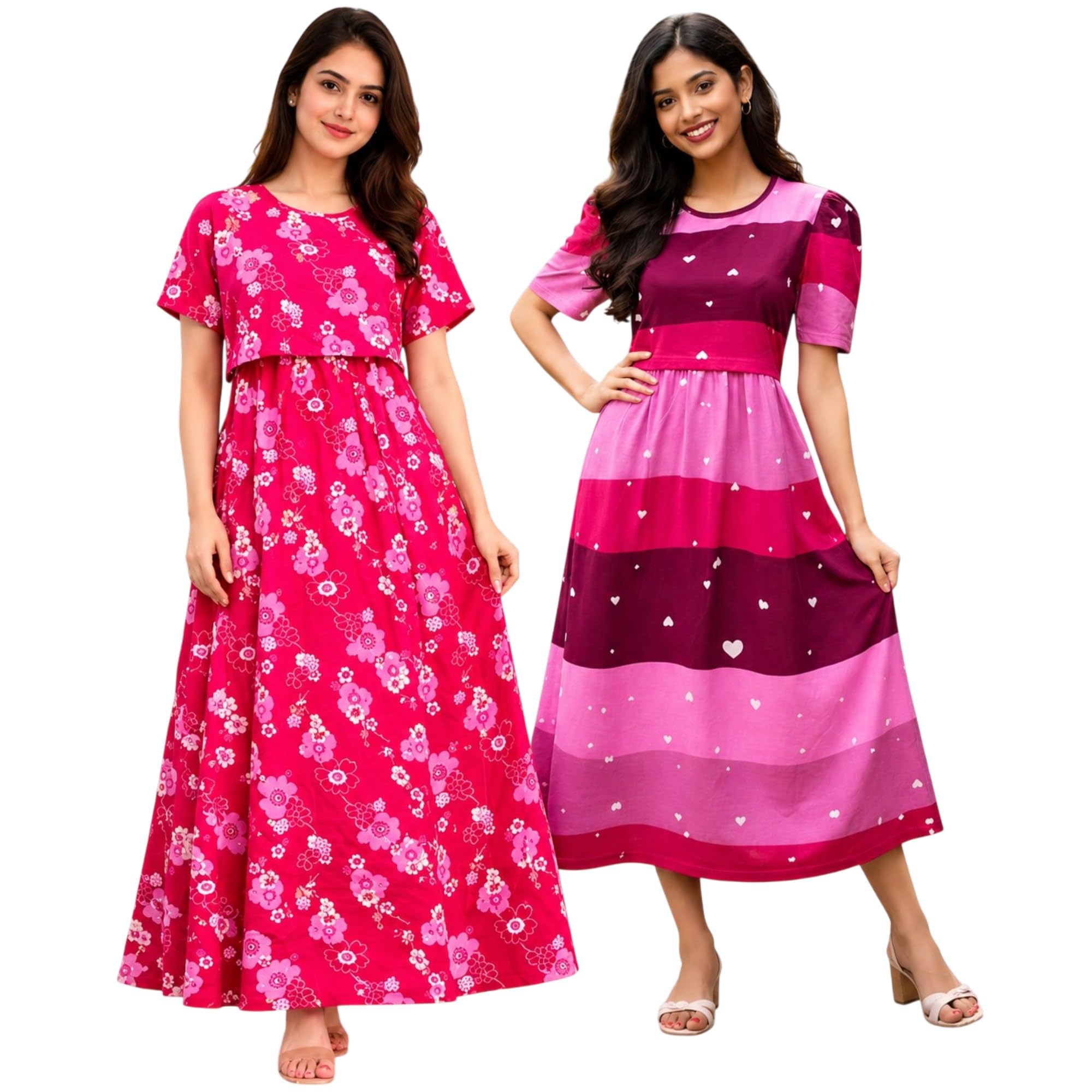 RENIS.Store Women's 100% Cotton Zipless Feeding Maternity Nighty Pack of 2 | Pull Up Nursing Night Dress | Soft Pregnancy & Feeding Wear | Pink Flower & Pink Stripe Heart | Size-M-image-31