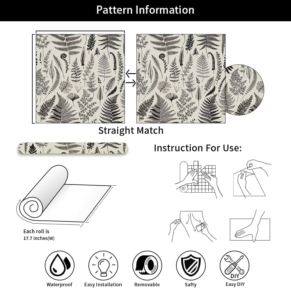 Black and White Grey Botanical Plant Leaf Specimen Peel and Stick Wallpaper Easy Peel Off Contact Paper Stick on Adhesive Wall Paper for Bathroom Waterproof Renter Friendly