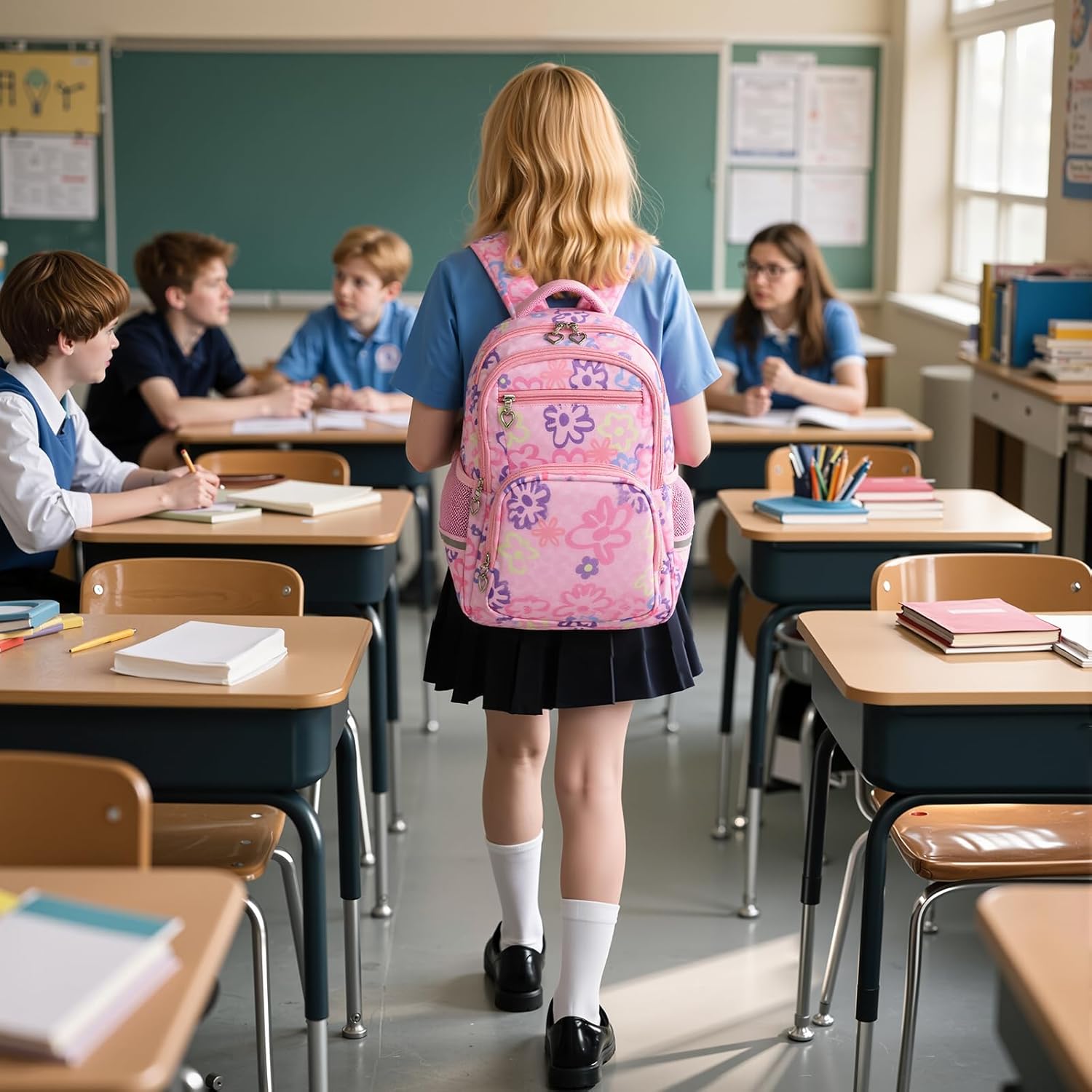 Rexmore 3Pcs Girls Backpack Set with Lunch Box & Pencil Case – Water-Resistant Flower Print Kids Backpack for Elementary, Middle School, Camping & Travel Gifts (Pink) - Image 2