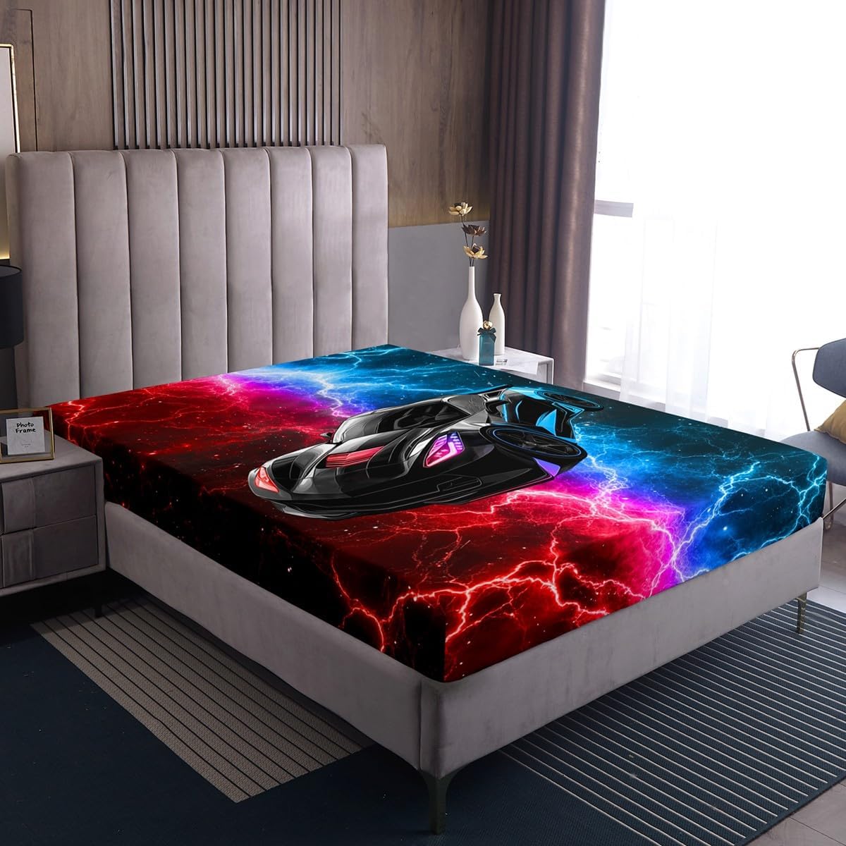 Race Car Fitted Sheet Red and Blue Sports Car Bed Sheets Queen,3D Cool Extreme Sheets for Kids Teen Boys Tie Dye Lightnings Bed Set Abstract Room Decor