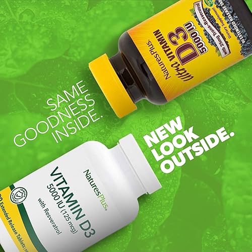 Miniatura 2 de Natures Plus Vitamina D3, liberación prolongada  90 tabletas veganas  5000 UI + 25 mg de trans-resveratrol  Salud del corazón y los huesos, apoyo al