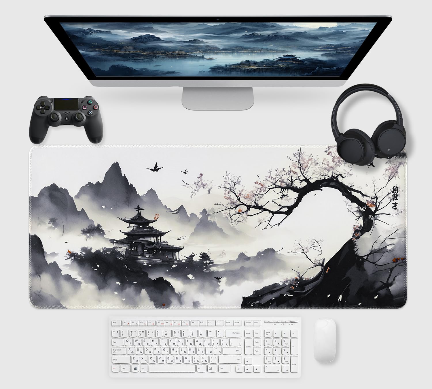 Alfombrilla Ratón XXL Japonesa Grande Gaming 900 x 400 mm, Alfombrilla Escritorio Antideslizante con Base de Goma, Mousepad Bordes Cosidos Impermeable para Oficina Ordenador Juegos&Tapete