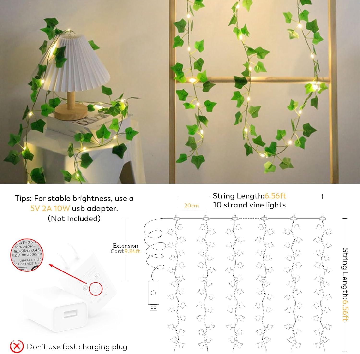 A.bigwhale Guirlande lumineuse de vigne artificielle pour chambre à coucher, 2 x 2 m, guirlande de lierre avec 200 LED, 8 modes, lumières de vigne à suspendre USB pour mariage, fenêtre, mur, fête