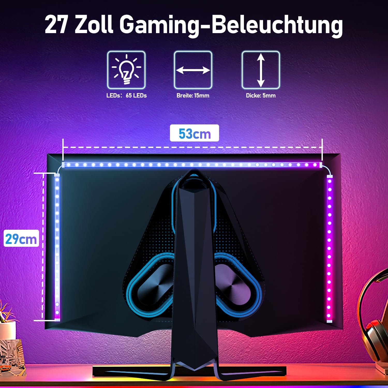 Striscia neon RGB da 27 pollici, 12 V 5050 RGB LED Neon Light Band con controllo app, musica sync, silicone fai da te, per gaming scrivania monitor PC, decorazione illuminazione, 1 confezione