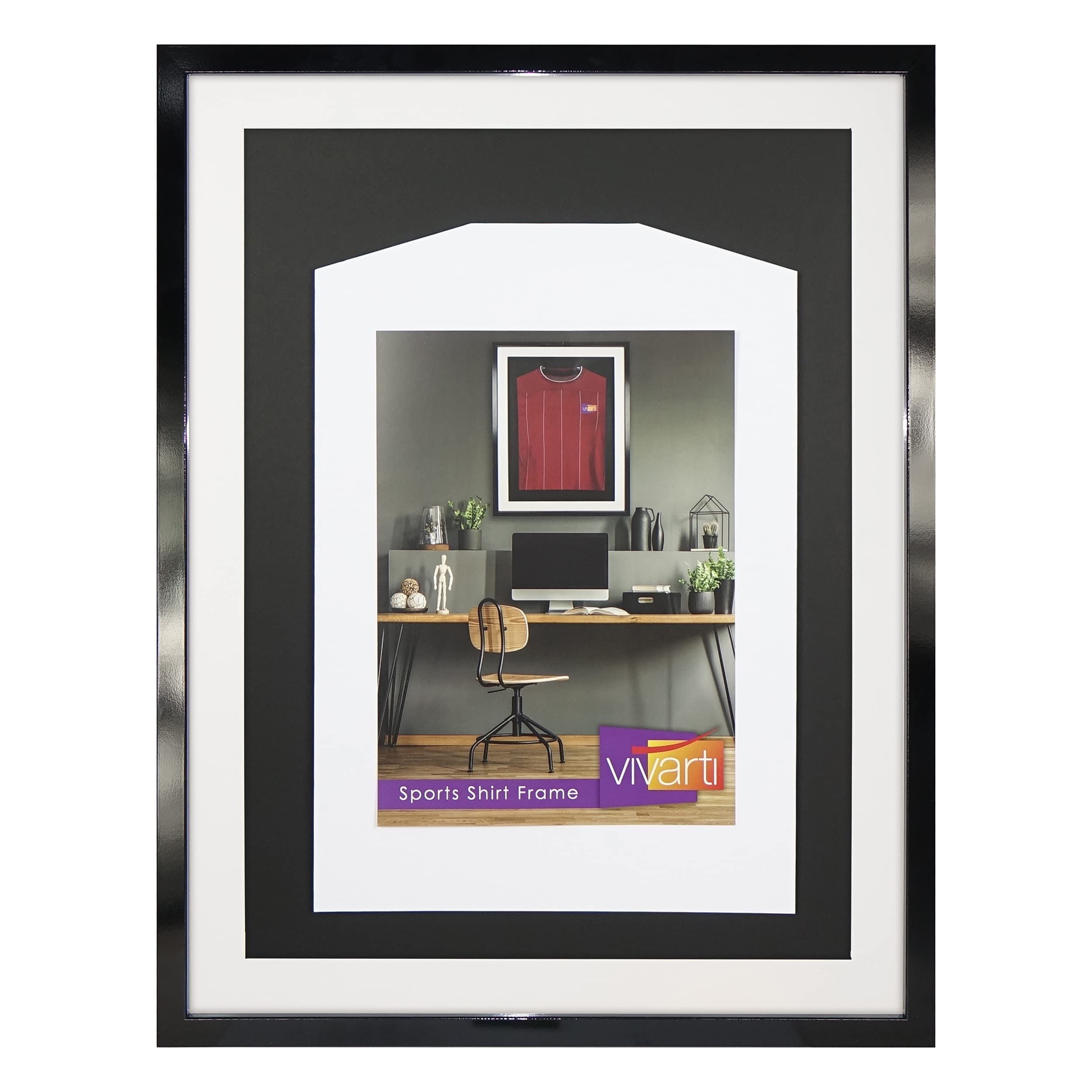 Vivarti DIY Junior 3D montado + doble apertura camisa deportiva marco A1 59,4 x 84 cm – marco negro brillante, soporte blanco, tarjeta trasera negra