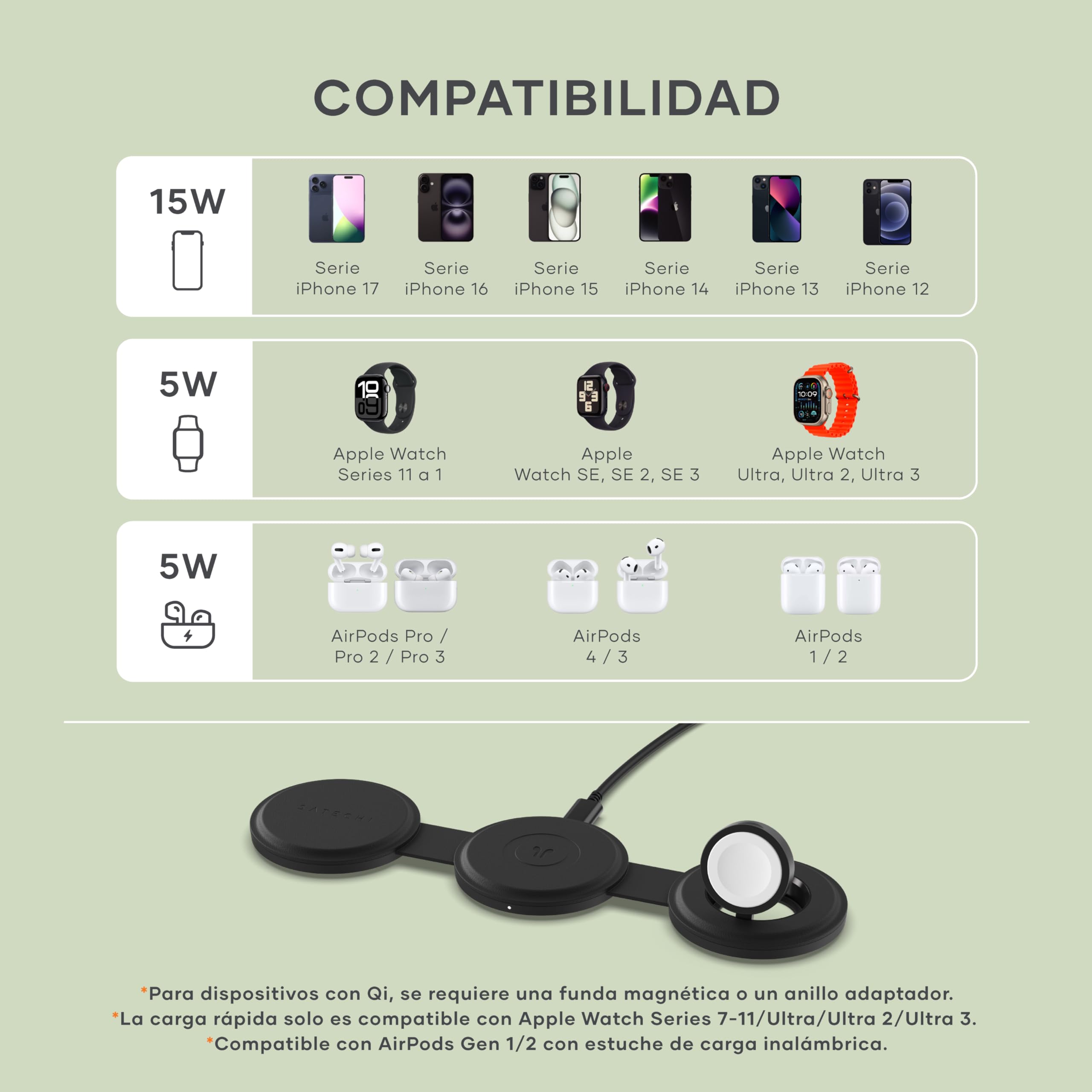 SATECHI OntheGo 3 en 1 Cargador Inalámbrico Qi2 15W, Negro | 15W para iPhone, 5W para Apple Watch y AirPods, diseño compacto para viajes, compatible con iPhone 17 a 12 y más