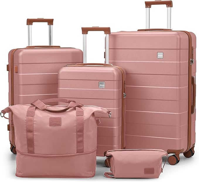 imiomo Hard Shell Luggage Sets 5 Piece for Women, Lightweight Hardside Rolling Suitcase Set with Spinner Wheels and TSA Lock, RoseGold