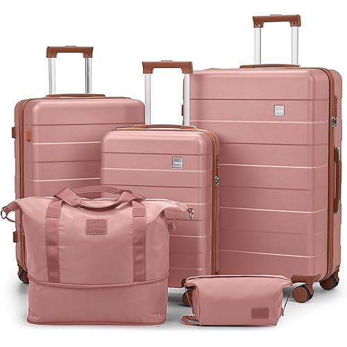 imiomo Hard Shell Luggage Sets 5 Piece for Women, Lightweight Hardside Rolling Suitcase Set with Spinner Wheels and TSA Lock, RoseGold