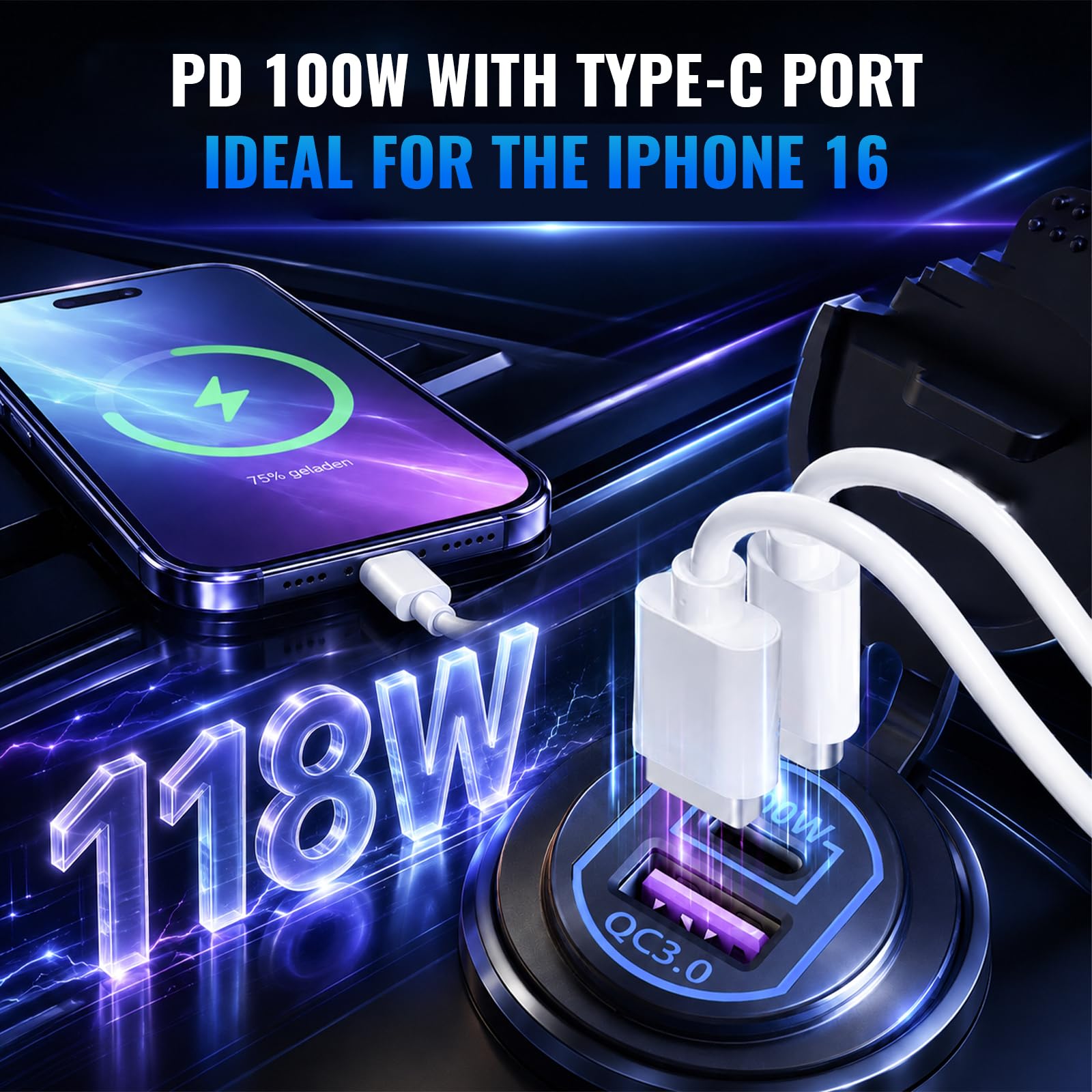 Enchufe USB C de 12 V, 100 W PD y 18 W QC, autocaravana, coche, enchufe USB