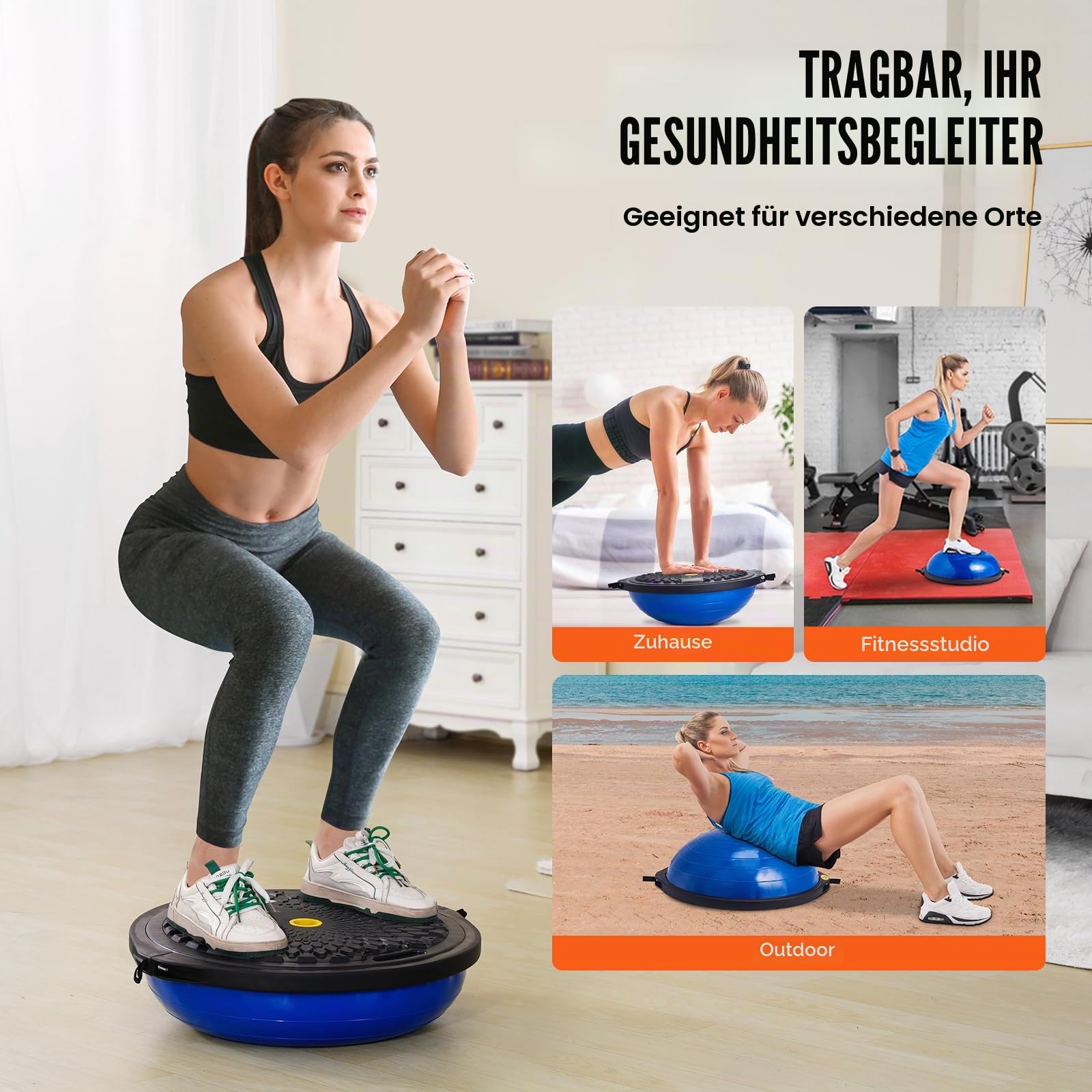 VEVOR Halb-Gymnastikball-Trainer, 66 cm Balance-Ball-Trainer, 680 kg Tragkraft Stabilitätsball, Yoga-Ball mit Widerstandsbändern und Fußpumpe, Kraft-Fitnessball im Heim-Fitnessstudio, Blau