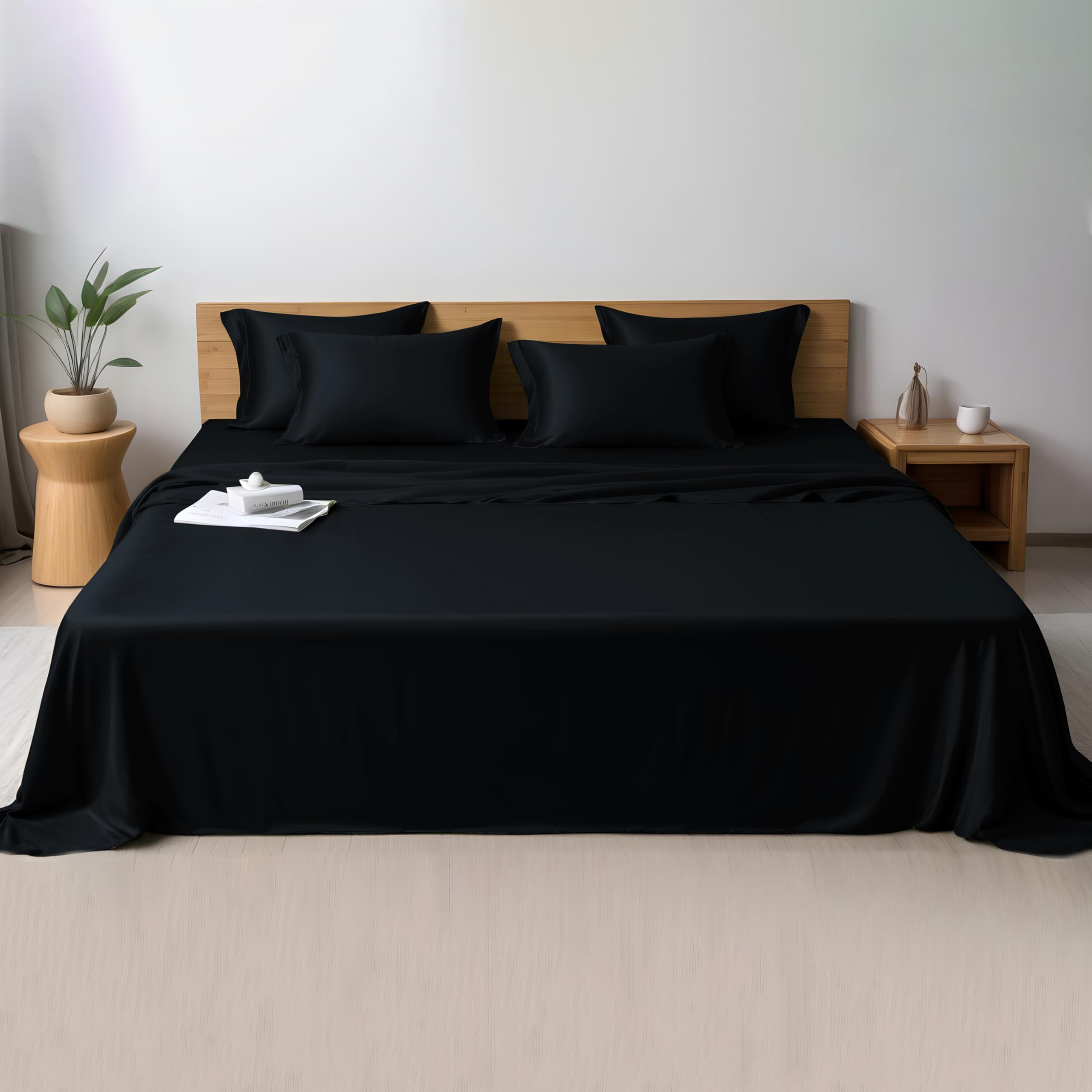 LINENWALASOrganic Bamboo Sheets Bed Set 3 PC - 100% Pure, Natural, Softest, Cooling Bedding (Twin XL, Jet Black)